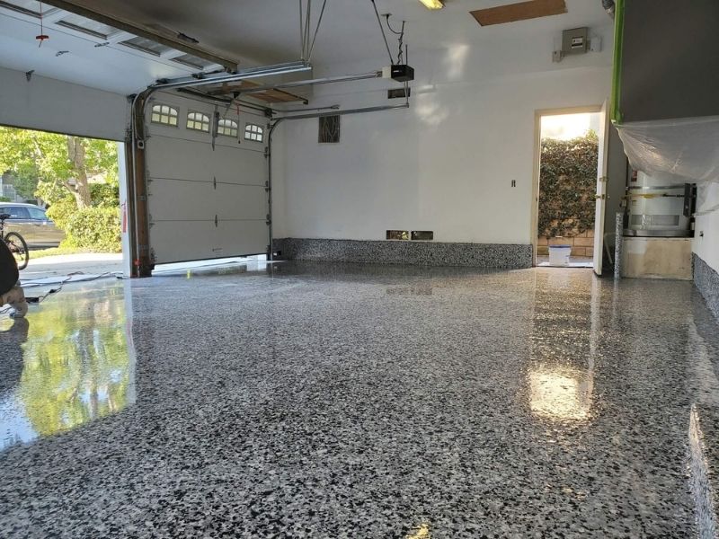 Epoxy flakes flooring with decorative flakes for added texture and visual appeal