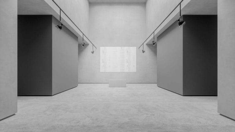Modern art gallery illustration with grey display walls, a light floor and track lighting