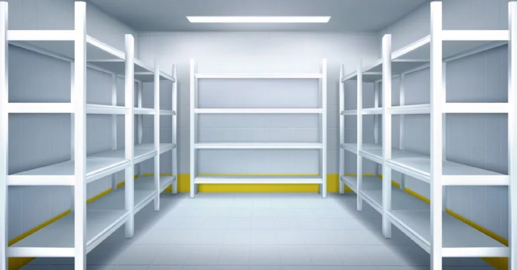 Walk-in cooler interior with storage shelving, insulated walls and a tiled floor