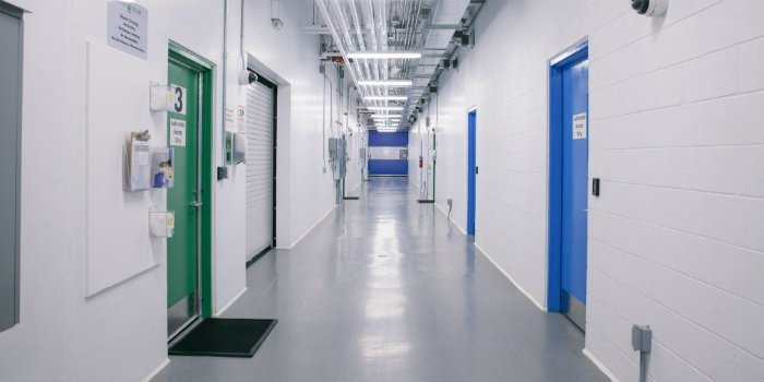 Medical cannabis aquaponic facility hallway with seamless epoxy flooring