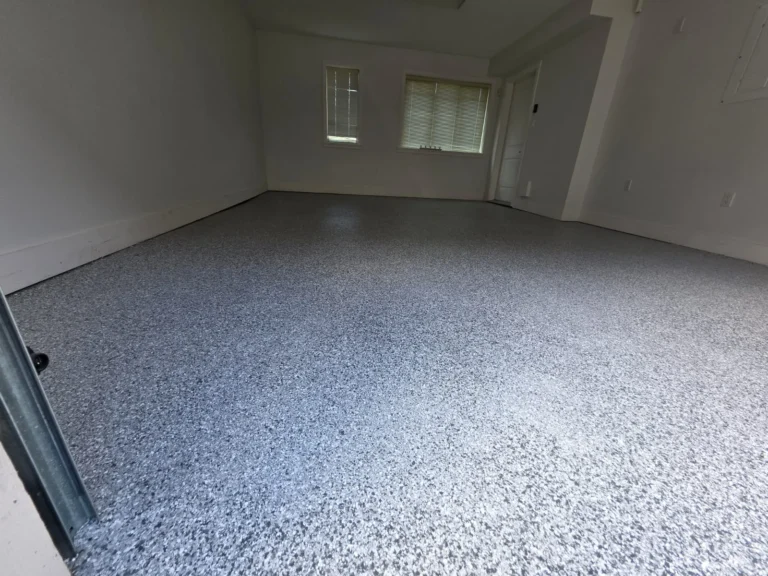 Grey decorative flake floor finish in a garage interior