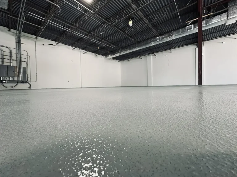 Low-angle view of textured grey resin flooring in a commercial interior