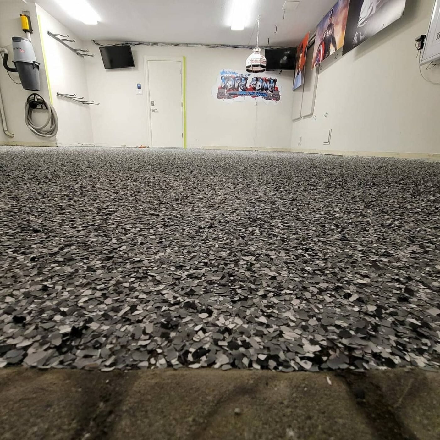 Close-up of a completed full-flake garage floor texture in Burnaby BC
