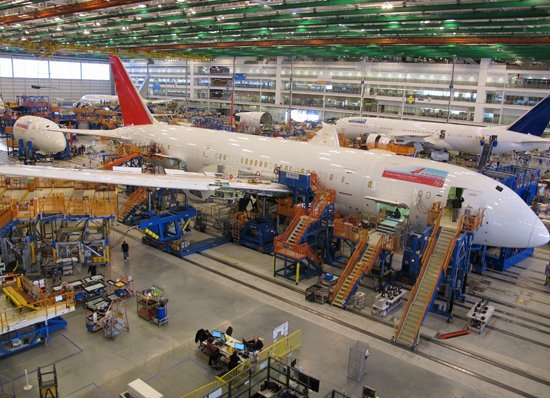 Commercial aircraft under assembly inside a large aerospace production facility