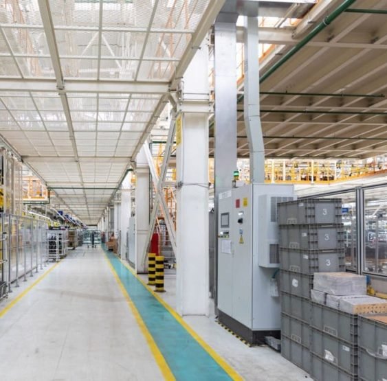 Factory for production of cars. Modern automotive industry. Interior of plant.